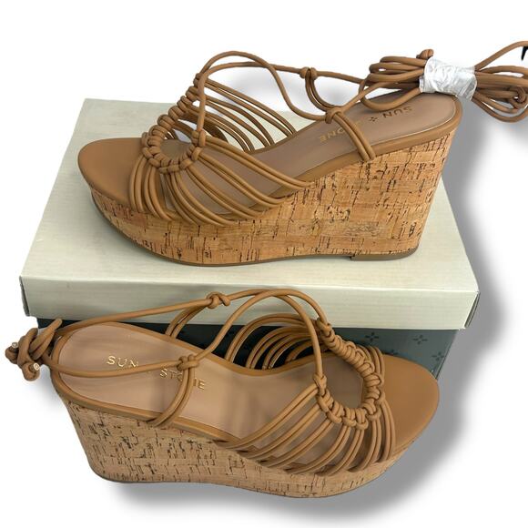 NEW Sun + Stone Strappy Lace Up Wedge Sandals Size 7 Brown Ankle Wrap Cork Heels - Picture 2 of 12